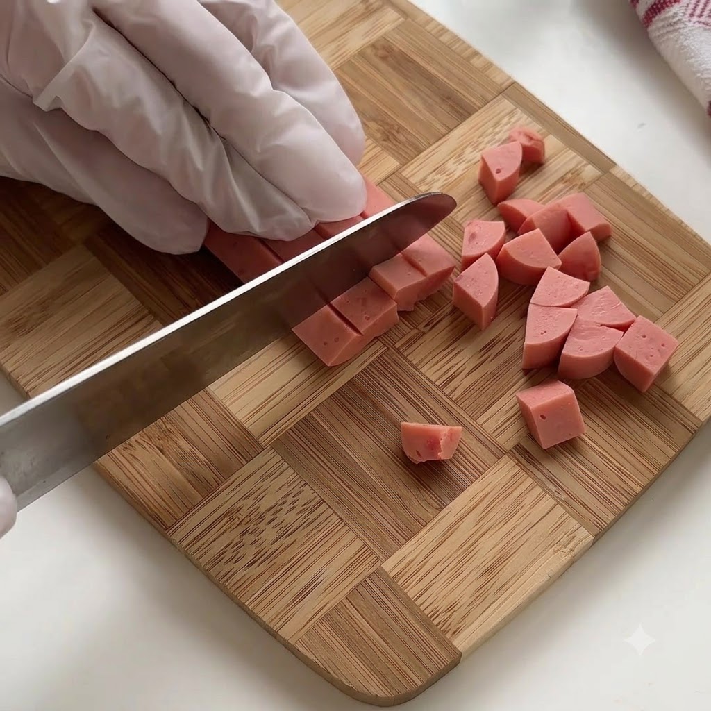 Una mano con i guanti che taglia una salsiccia rosa a rotelle su un tagliere di legno.