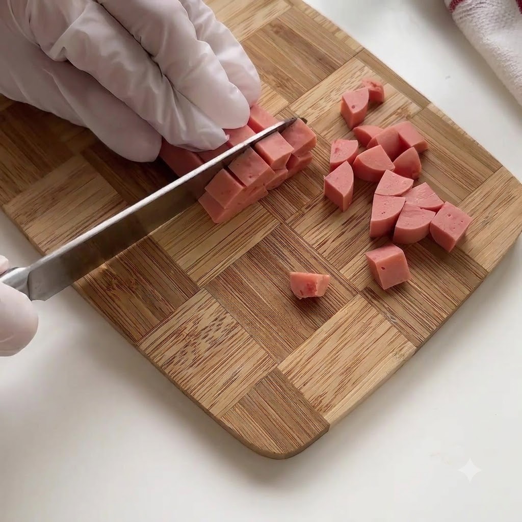 Patate a cubetti e chicchi di mais che bollono in una pentola bianca su un fornello.