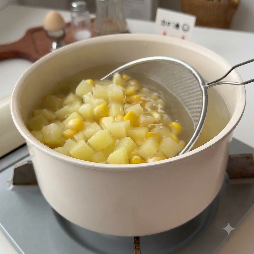 Un colino a maglia che solleva pezzi di patate e mais cotti da una pentola dacqua.