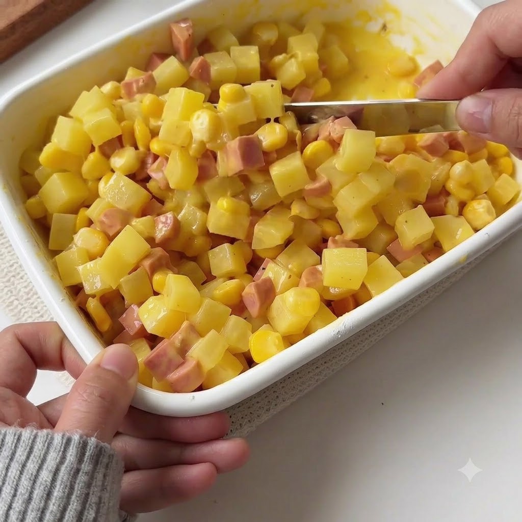 Una spatola che mescola e amalgama tutti gli ingredienti allinterno del contenitore bianco.