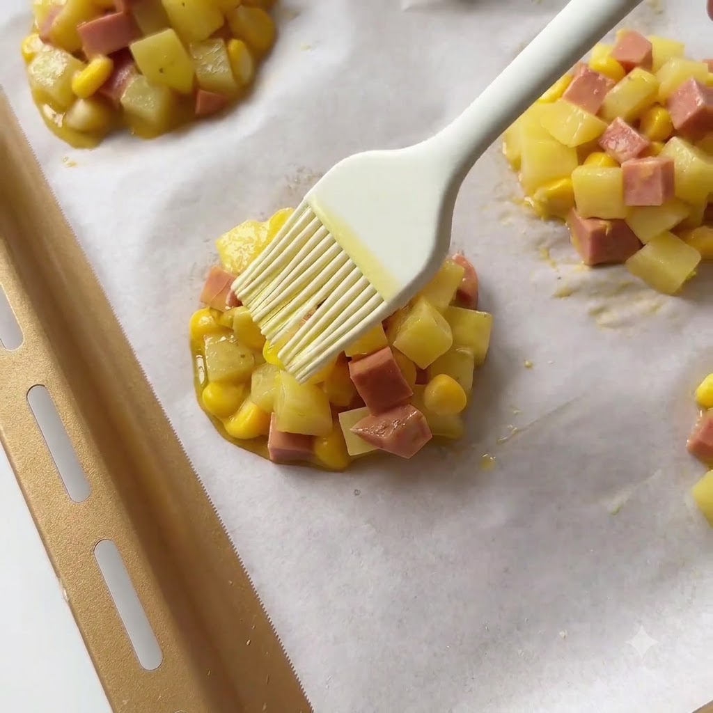 Un pennello in silicone che applica olio da cucina sulla superficie di un tortino di patate modellato.