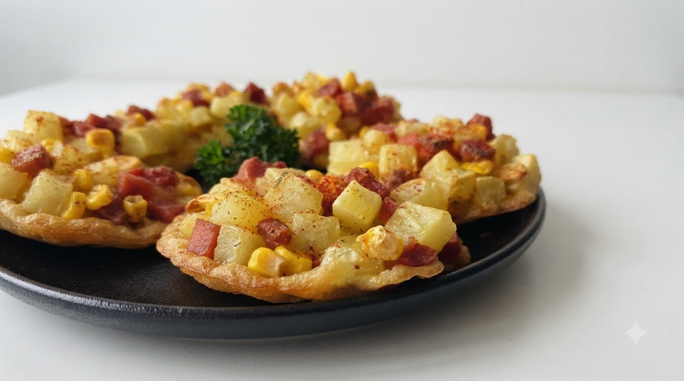 Primo piano di tortini dorati di patate, mais e prosciutto guarniti con prezzemolo e peperoncino in polvere.