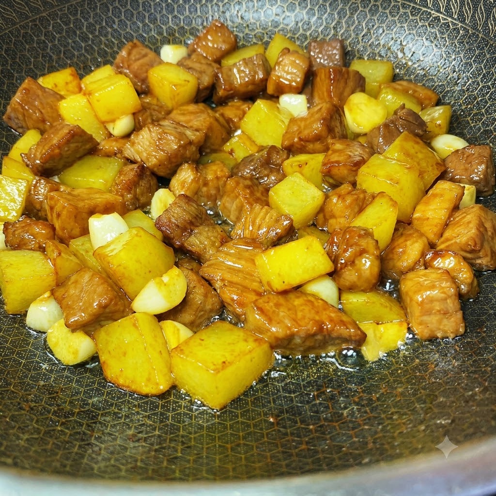 Spezie come peperoncino rosso in polvere, cumino e semi di sesamo cosparsi sul maiale e sulle patate in un wok.