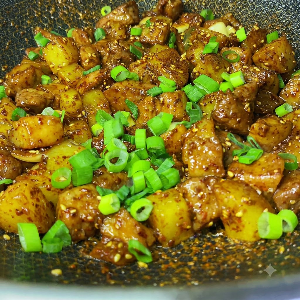 Cipollotti verdi freschi tritati sparsi sopra i cubetti finiti di maiale e patate al cumino arrostito in un wok.