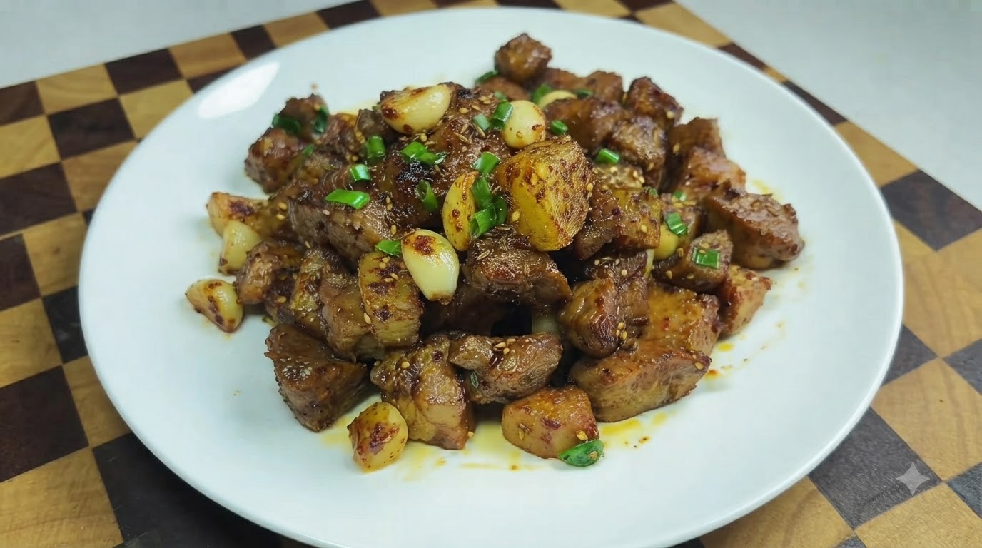Cubetti di maiale e patate al cumino in stile barbecue