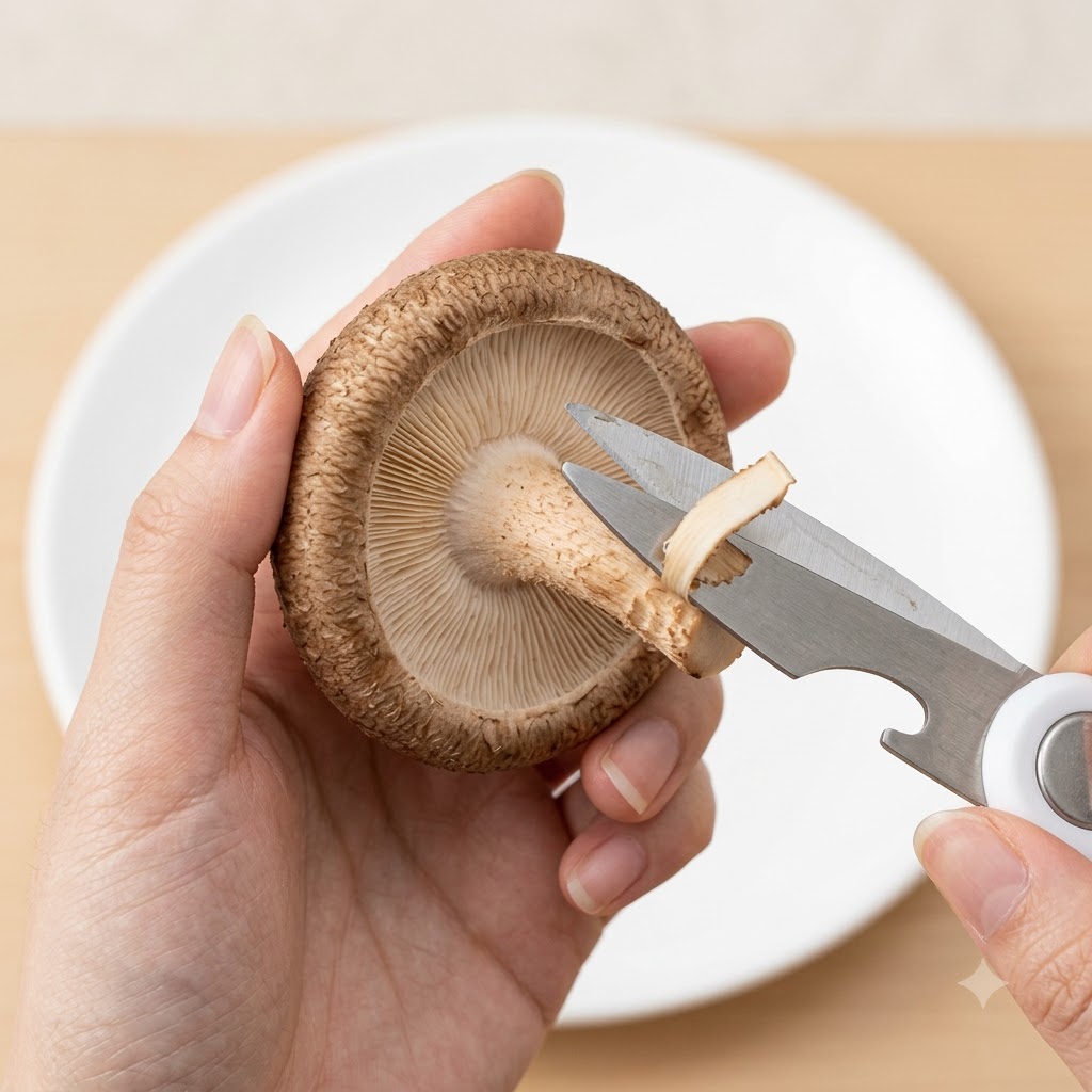 Mani che usano forbici da cucina per tagliare il gambo di un fungo shiitake fresco.