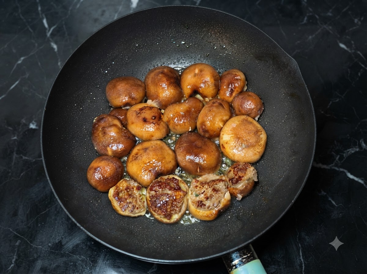 Funghi shiitake che friggono in un wok con alcuni pezzi già girati che mostrano la carne dorata.