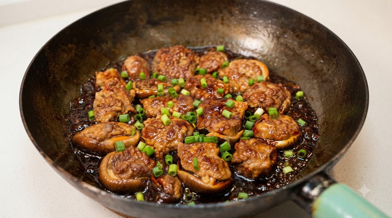 Funghi Shiitake Ripieni di Carne in Padella
