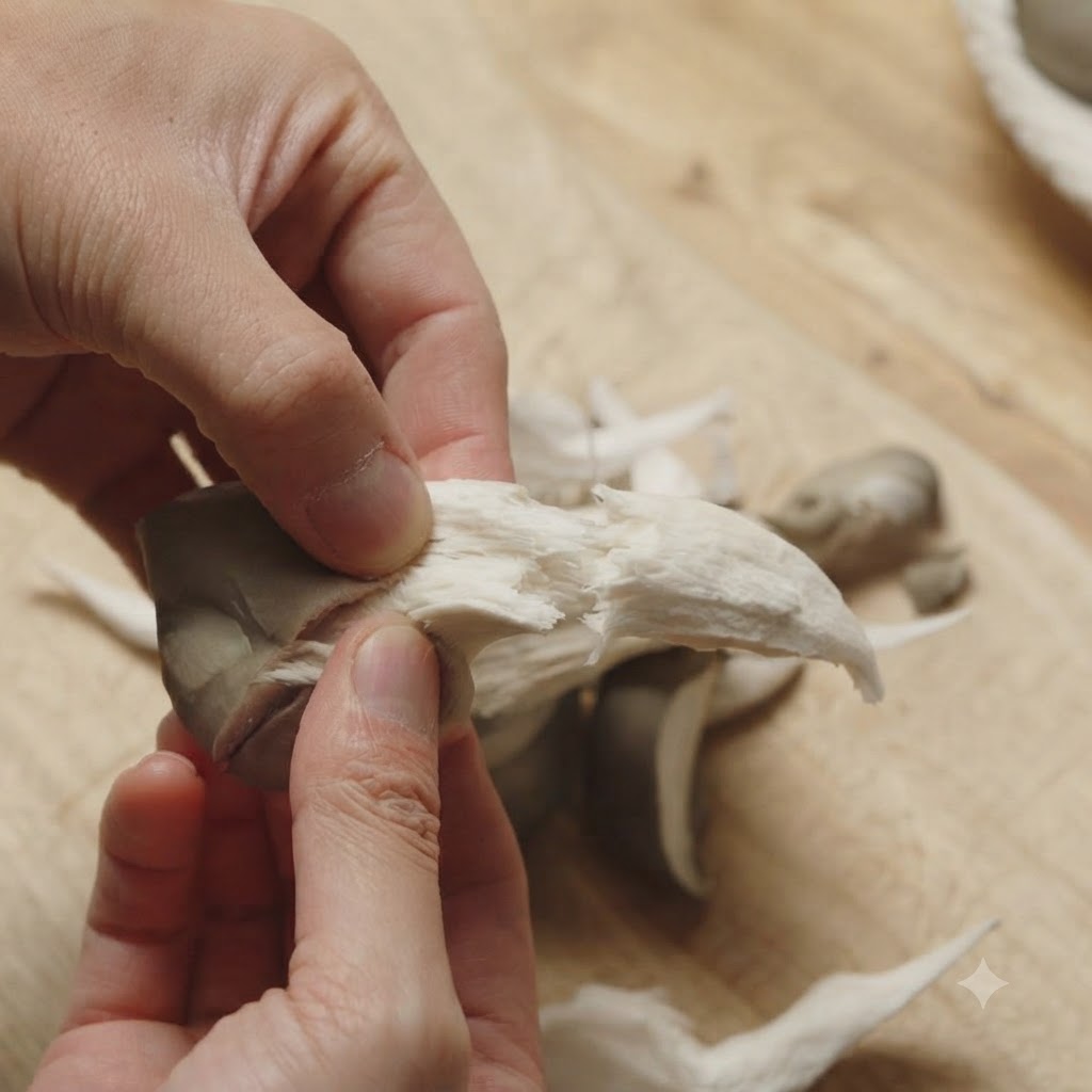 Funghi pleurotus crudi strappati in pezzi più piccoli a mano su un tagliere di legno.
