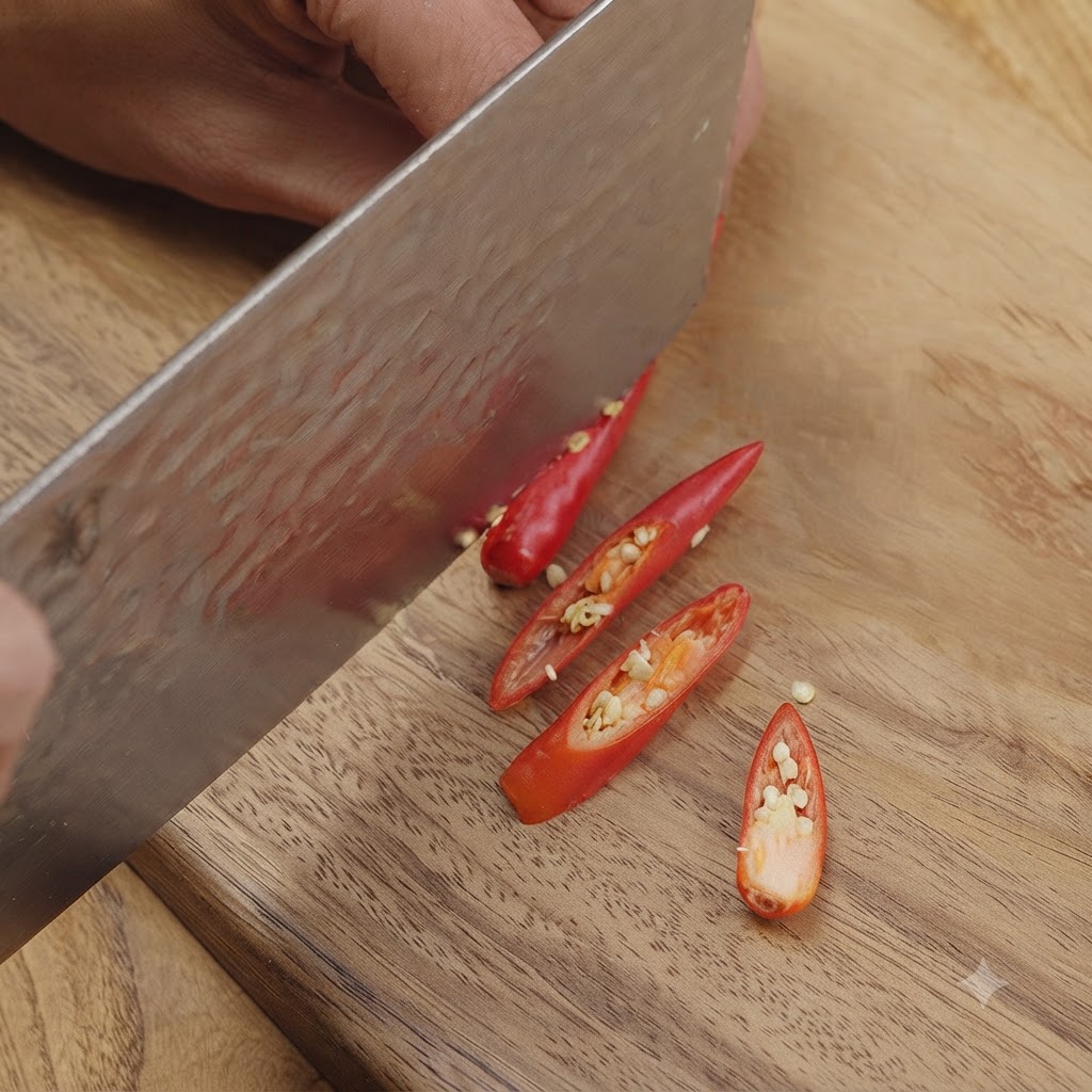Piccoli peperoncini rossi tagliati diagonalmente su un tagliere di legno con una mannaia.