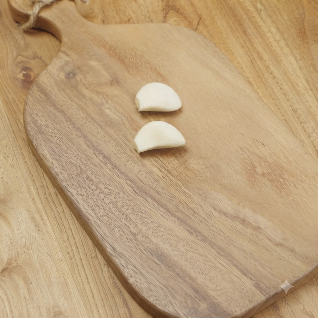 Spicchi daglio sbucciati adagiati su un tagliere di legno prima di essere schiacciati.