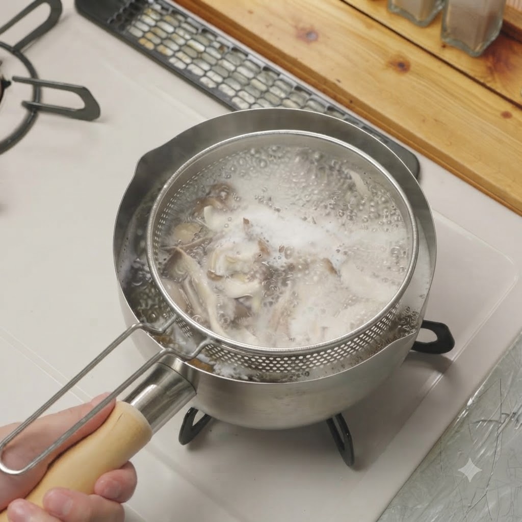 Funghi pleurotus strappati sollevati da una pentola di acqua bollente con un colino a rete.