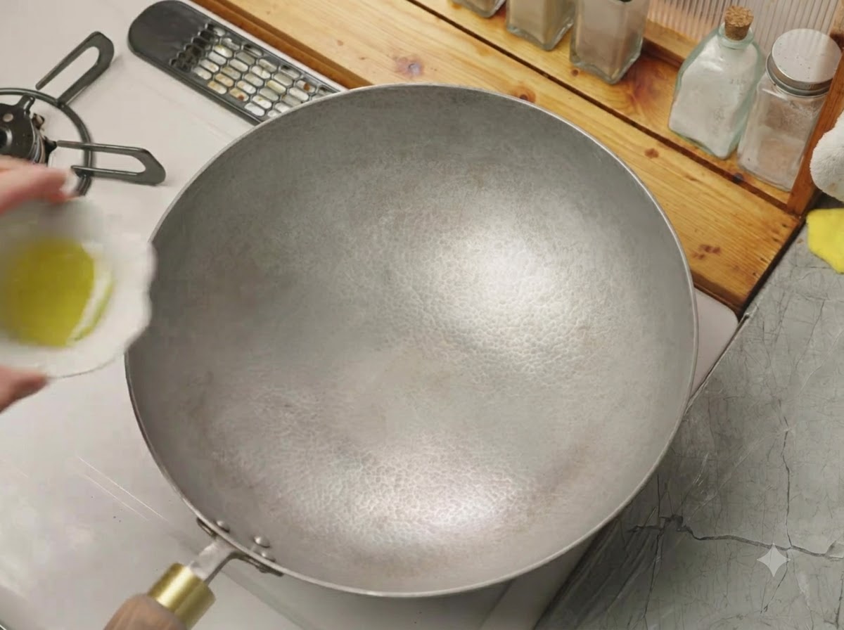 Una ciotola piccola che versa lolio da cucina in un wok caldo e vuoto.