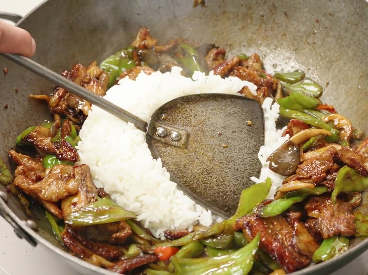 Un cucchiaio di riso bianco mescolato al centro del piatto saltato finito in un wok.