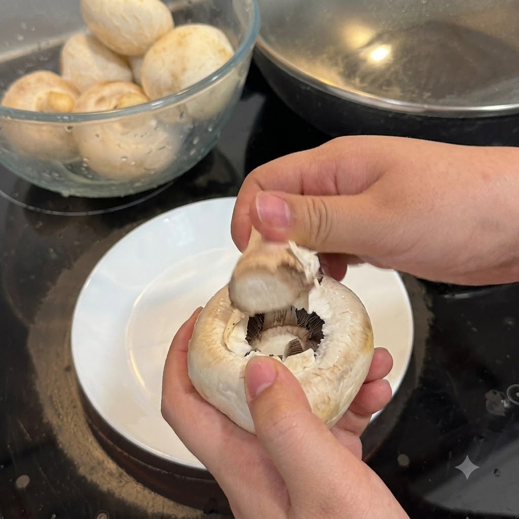 Primo piano di mani che tolgono lo strato esterno da un fungo champignon bianco sopra un piatto bianco.