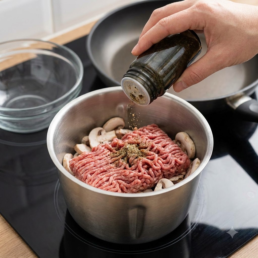 Un cucchiaio di zucchero bianco versato da un barattolo in una ciotola di metallo piena di carne macinata cruda e funghi a fette.