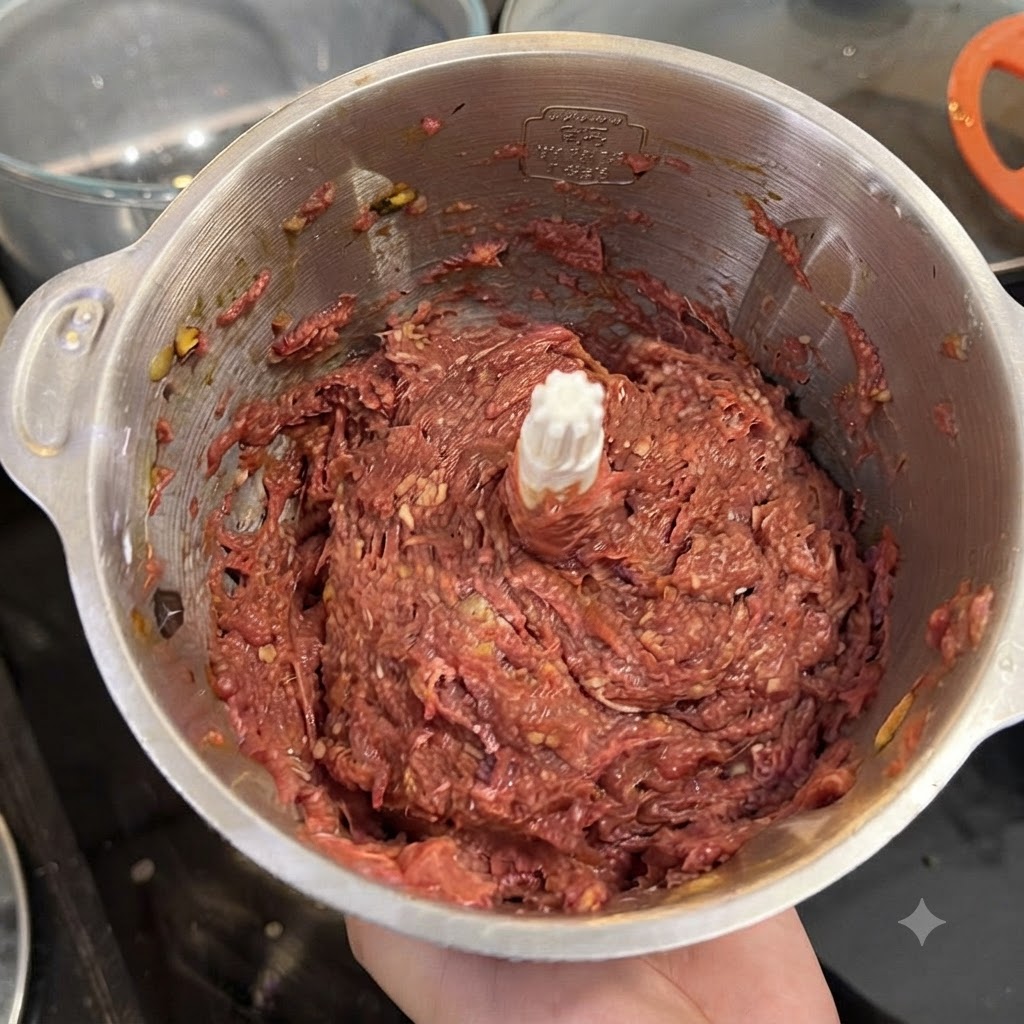Vista dallalto della ciotola in acciaio inossidabile di un robot da cucina piena di un impasto di carne rosso scuro finemente frullato.