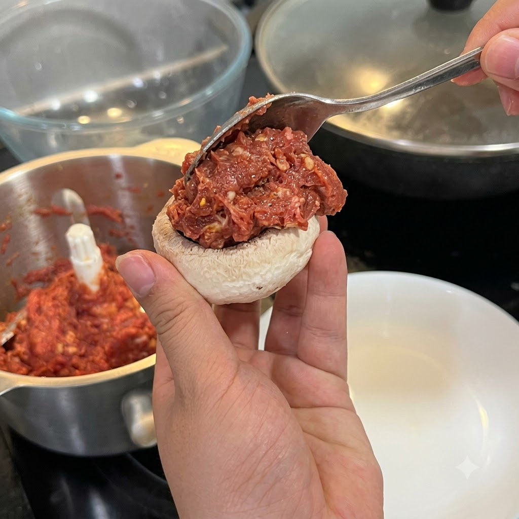 Una mano che tiene la cappella di un fungo champignon bianco mentre un cucchiaio aggiunge una montagnola di impasto di carne cruda.