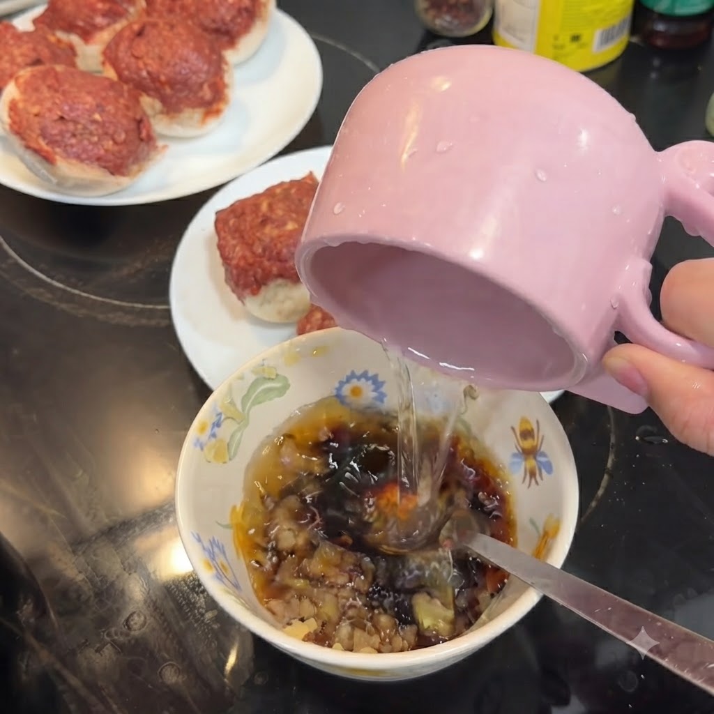 Una ciotola di ceramica decorata contenente una salsa scura e aglio tritato mentre viene versata acqua pulita da una brocca rosa.