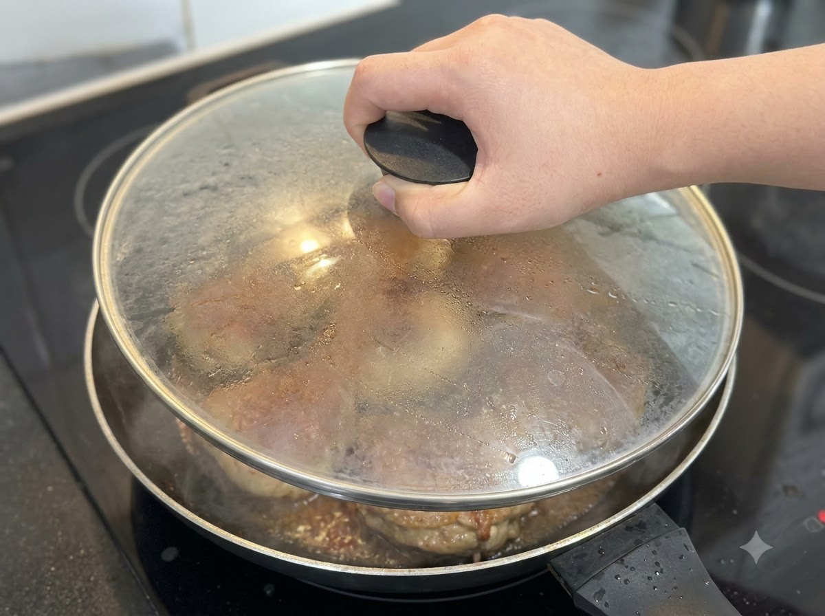 Un coperchio di vetro posizionato sopra una padella per coprire i funghi ripieni che cuociono a fuoco lento.