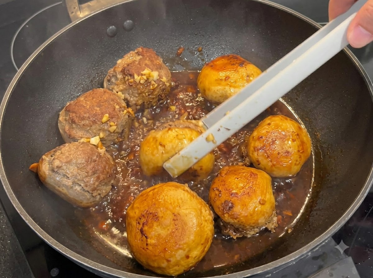 Pinze che girano i funghi ripieni in ebollizione in una salsa scura che si addensa.