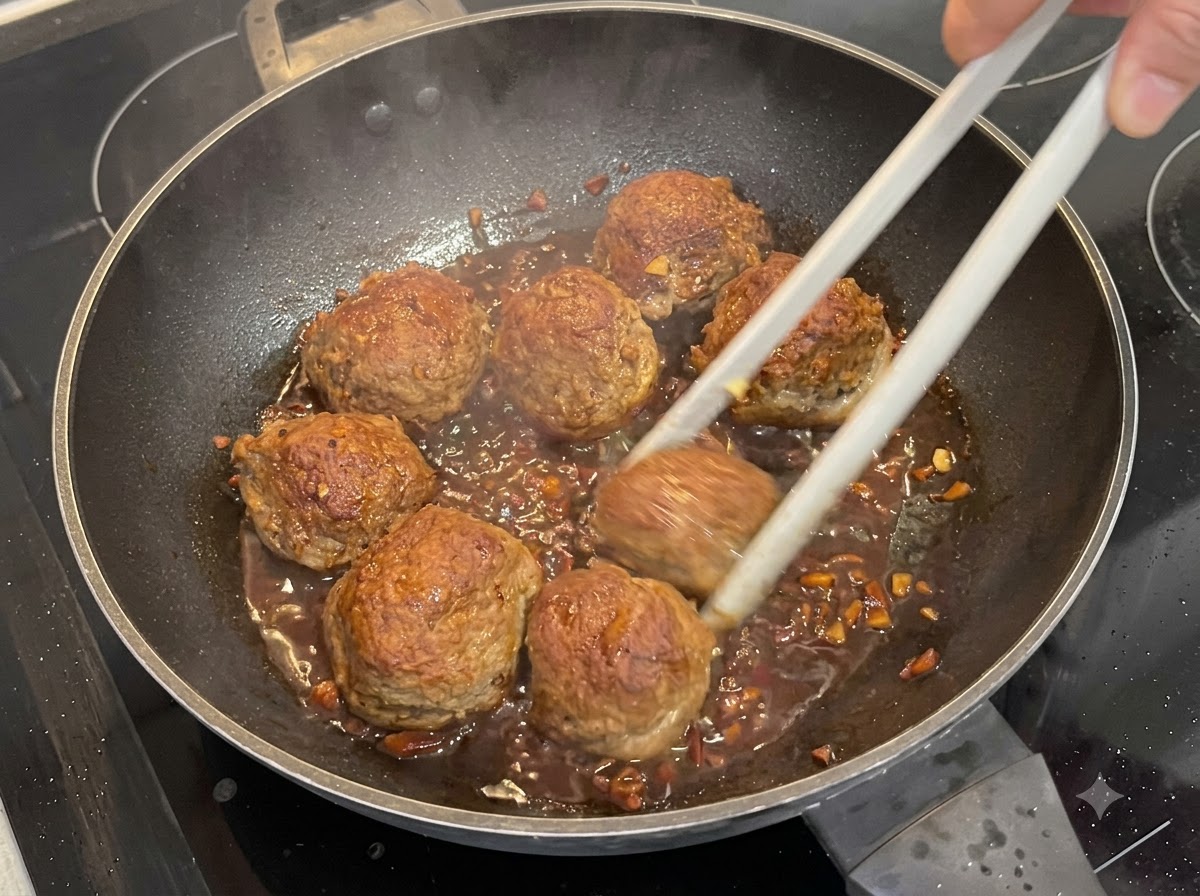 Semi di sesamo bianco e cipollotto tritato sparsi da un dosatore sui funghi ripieni glassati che cuociono in padella.