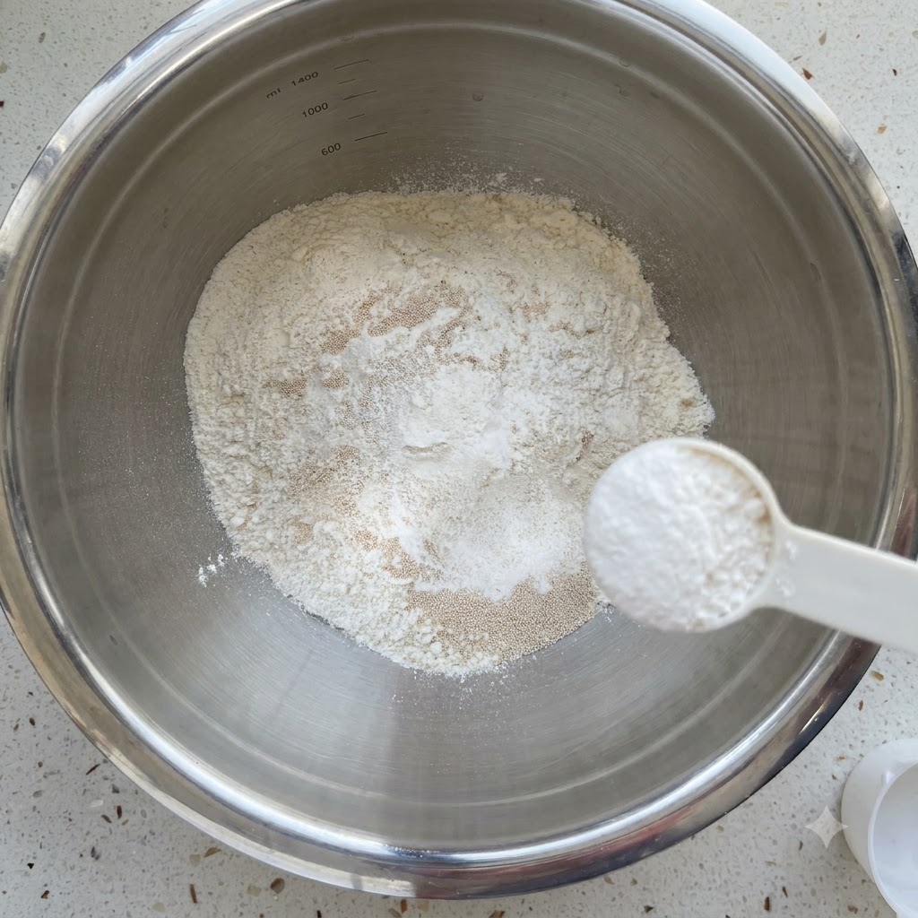 Ingredienti secchi e un misurino allinterno di una grande ciotola in acciaio inossidabile con aggiunta di acqua.
