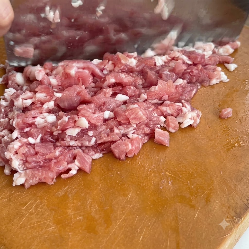 Carne di maiale cruda tagliata a piccoli pezzi con una mannaia su un tagliere di legno.