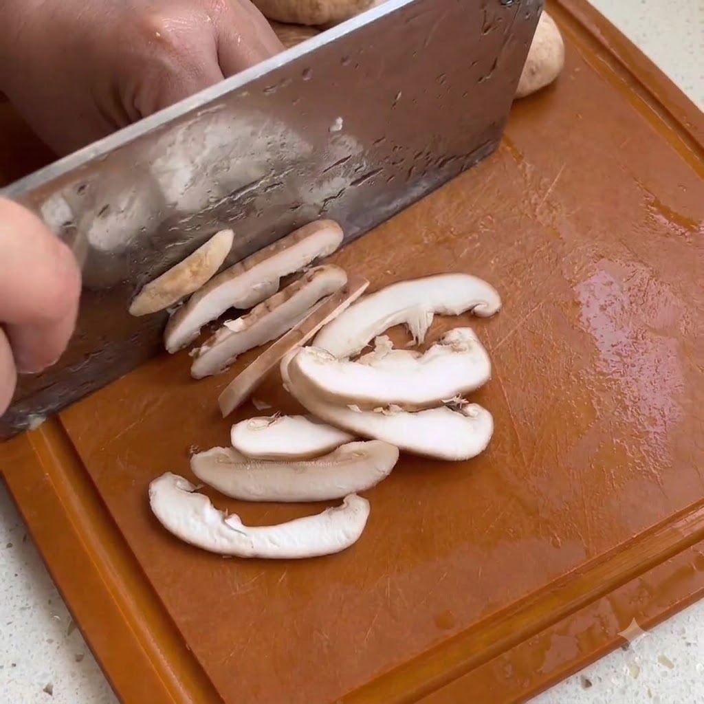 Fette di funghi shiitake tagliate su un tagliere di legno con un coltello da cucina.