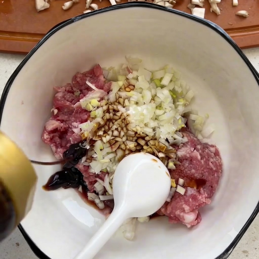 Carne macinata in una ciotola bianca mescolata con funghi shiitake tritati e condimenti liquidi.