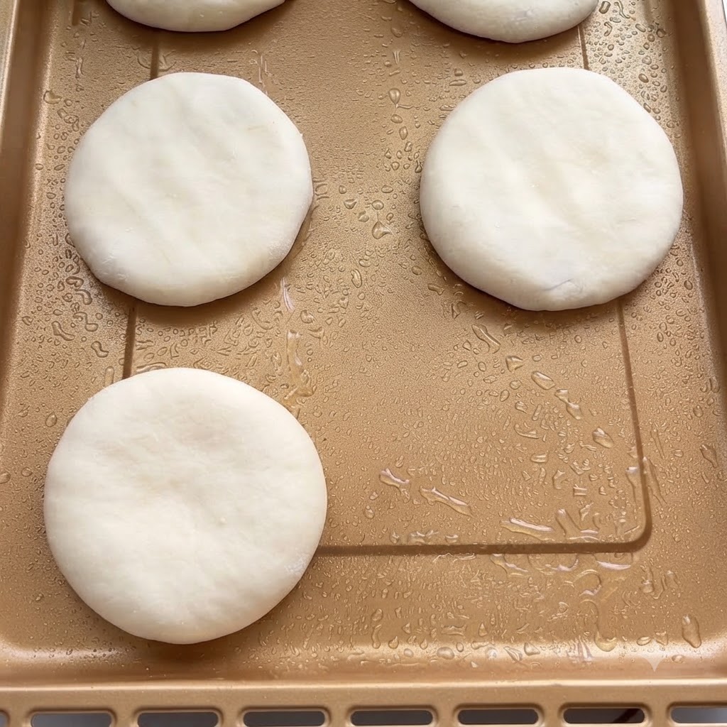 Impasto fermentato steso in un lungo foglio su una superficie di lavoro.
