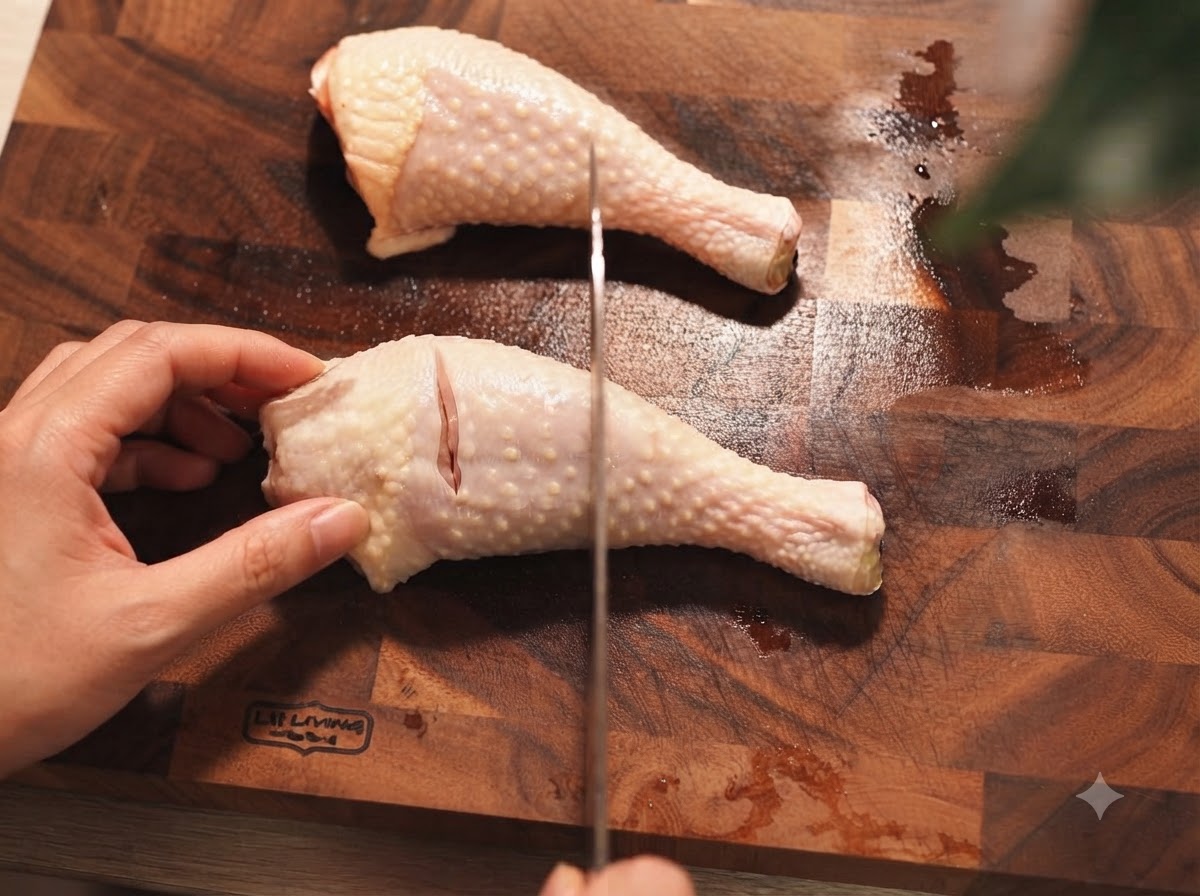 Mani che incidono fusi di pollo crudi con un coltello affilato su un tagliere di legno.