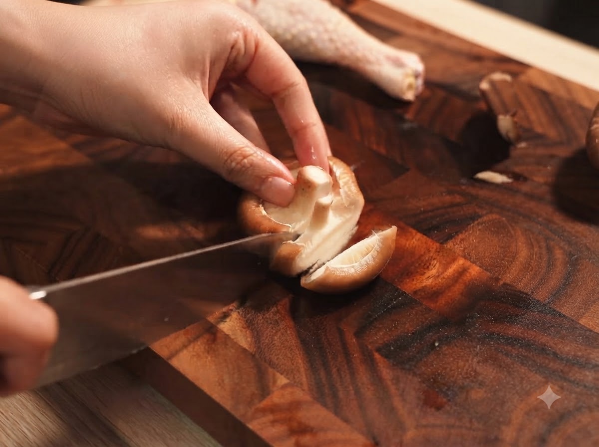 Funghi shiitake freschi tagliati a fette con un coltello su un tagliere di legno.