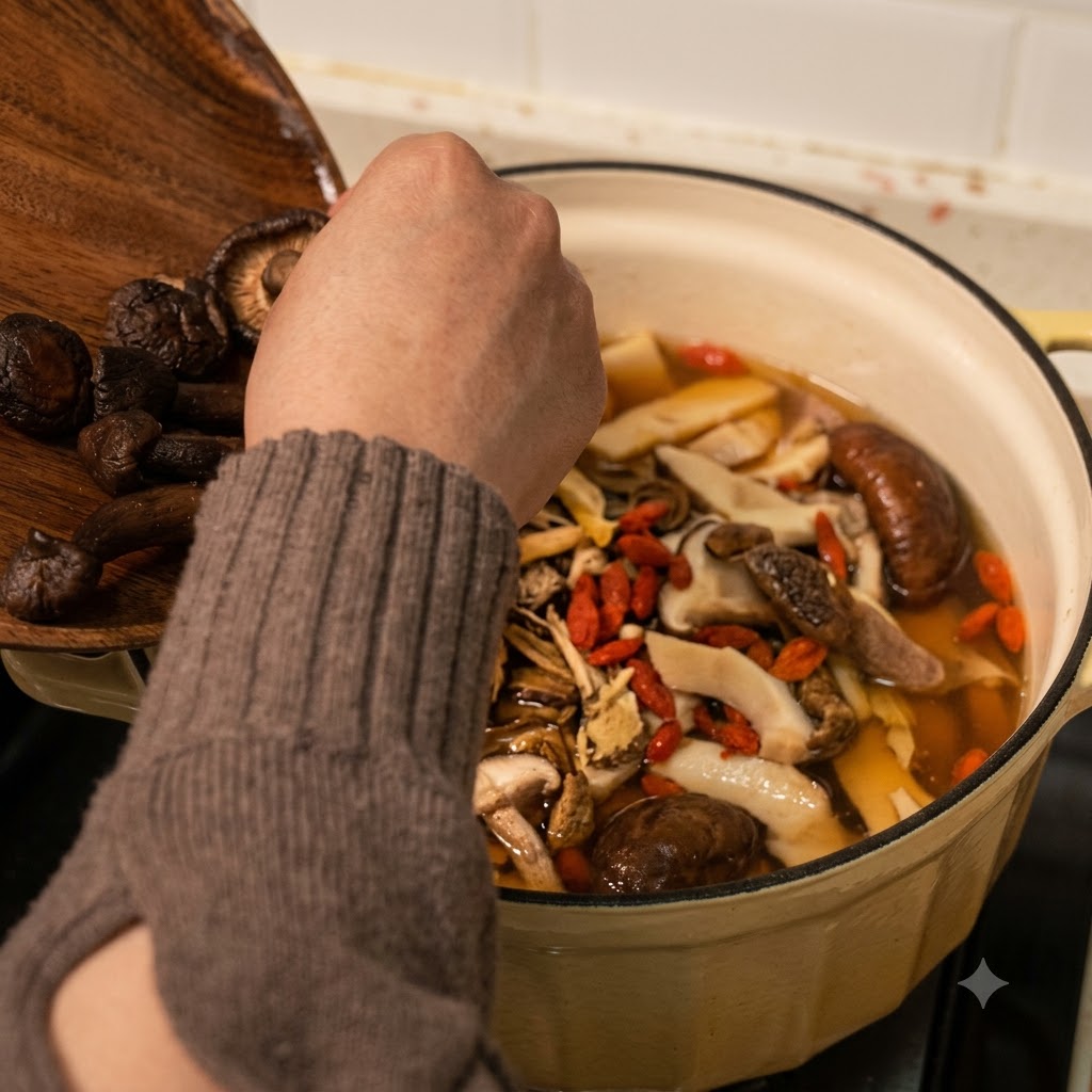Funghi freschi e reidratati assortiti versati da un piatto di legno nella pentola.