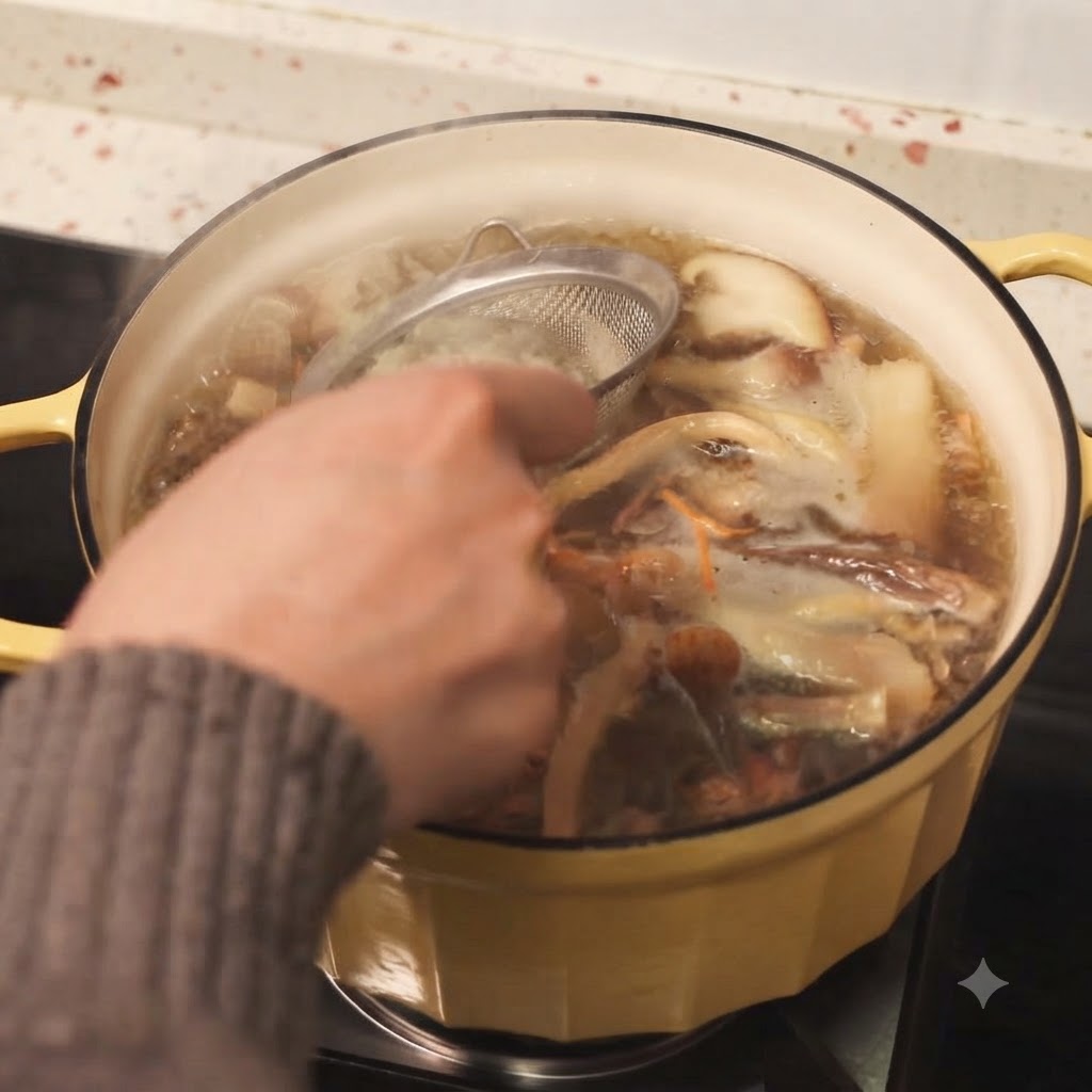 Una mano che utilizza un colino a maglia fine per rimuovere la schiuma da una pentola di zuppa di pollo in ebollizione.