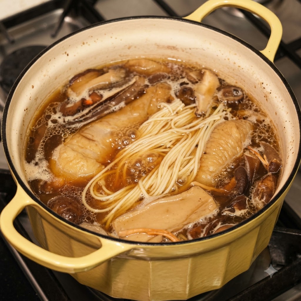 Una pentola di zuppa di noodle con pollo e funghi che cuoce sui fornelli.
