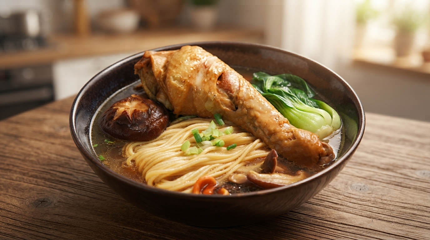 Zuppa di Noodles con Pollo e Funghi Semplice