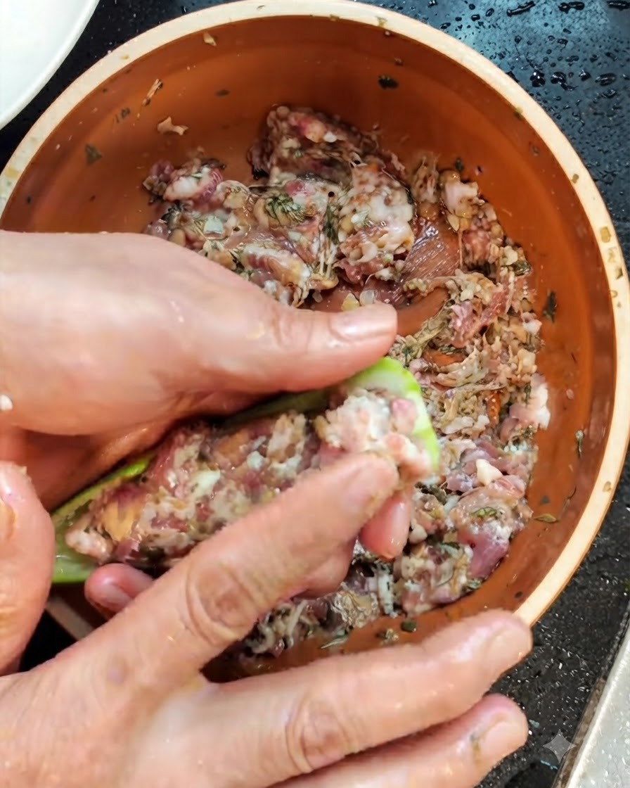 Dita che rimuovono con cura i semi bianchi e il nucleo spugnoso da un guscio di okra verde tagliato a metà.