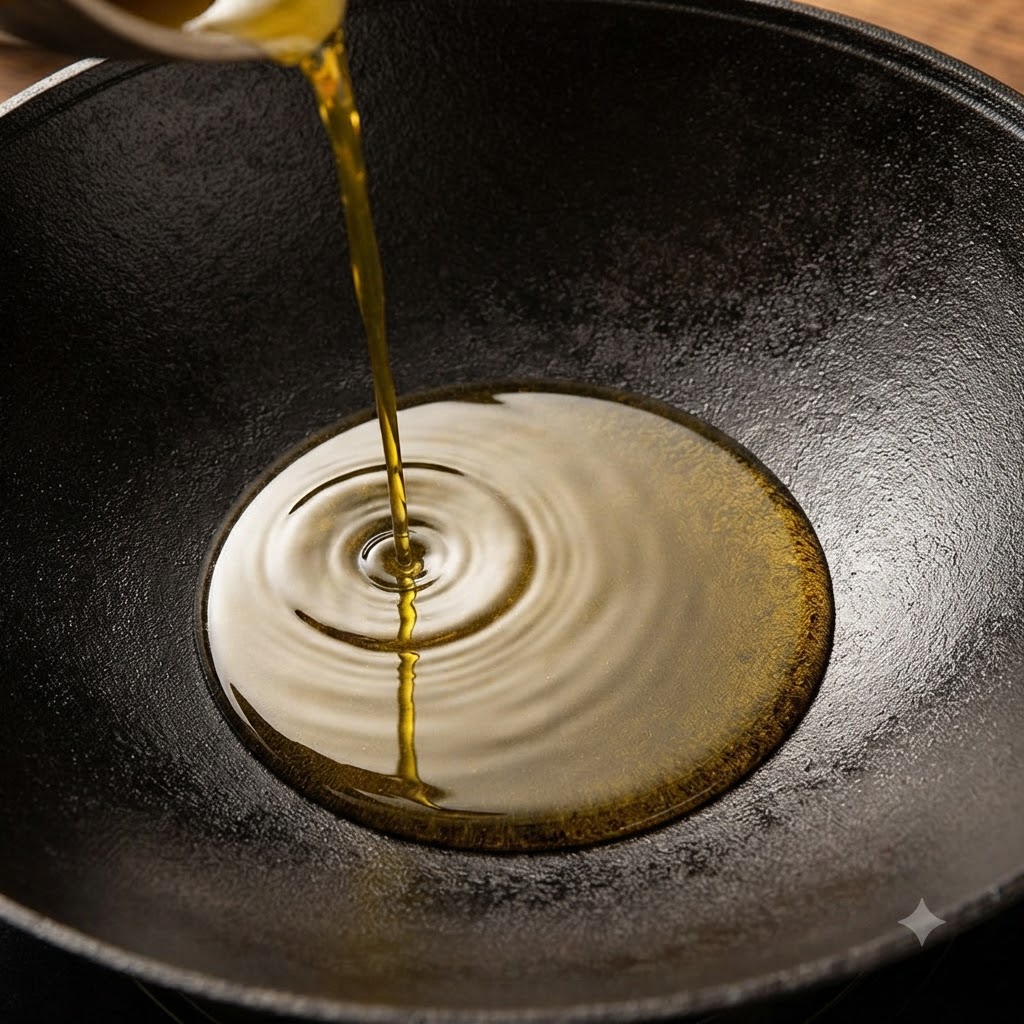 Olio da cucina versato dallalto in un grande wok di ferro nero stagionato, che crea increspature sulla superficie.