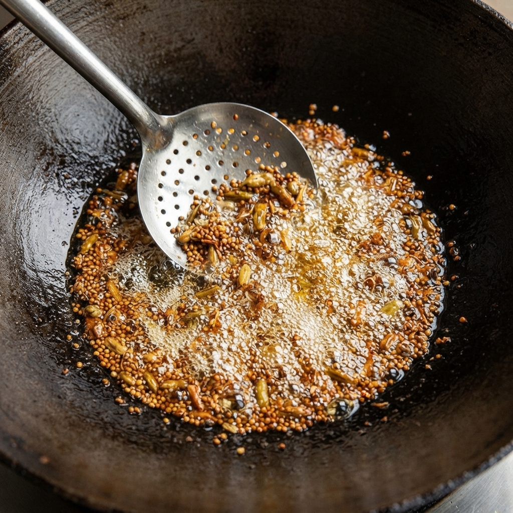 Semi di senape e lenticchie che friggono e sobbollono vigorosamente nellolio caldo allinterno di un grande wok di ferro, mescolati con un cucchiaio forato.