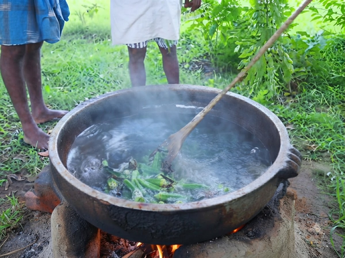 Foglie di curry verde fresco che vengono staccate direttamente da un ramo in una pentola fumante di olio condito allaperto.