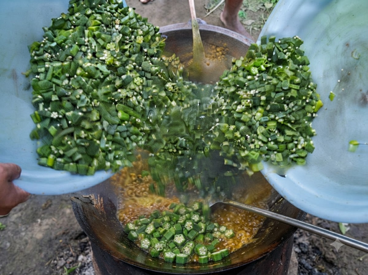 Due bacinelle blu che versano okra verde tagliata in una grande pentola di ferro contenente il composto di uova cotte e spezie.