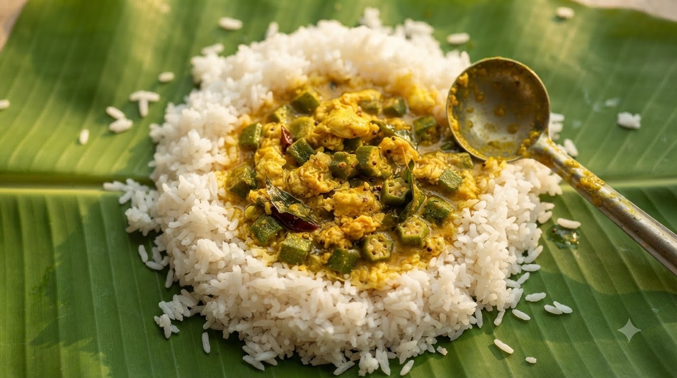 Una porzione di curry di okra e uova allindiana adagiata su riso bianco soffice sopra una foglia di banano verde fresca.