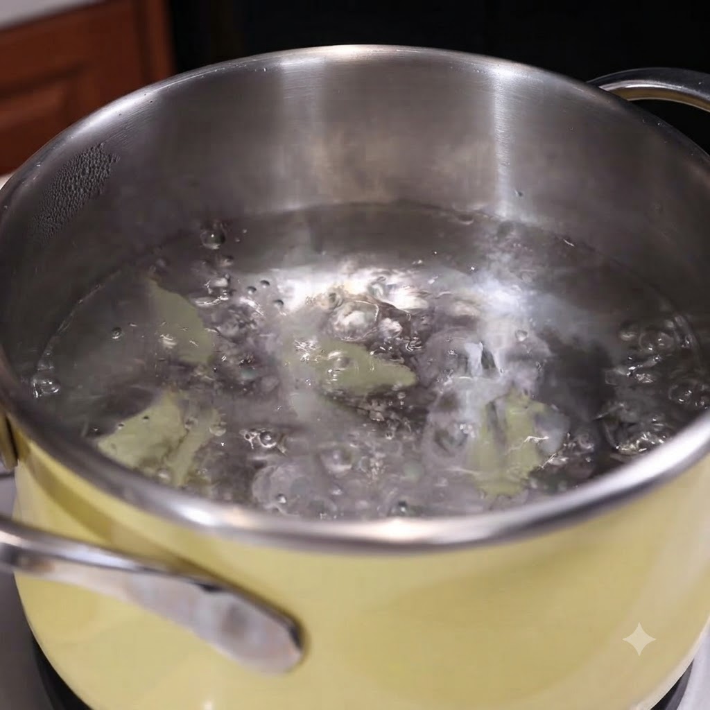 Vongole e cubetti di tofu che sobbollono in una pentola di acqua bollente con fettine di zenzero.