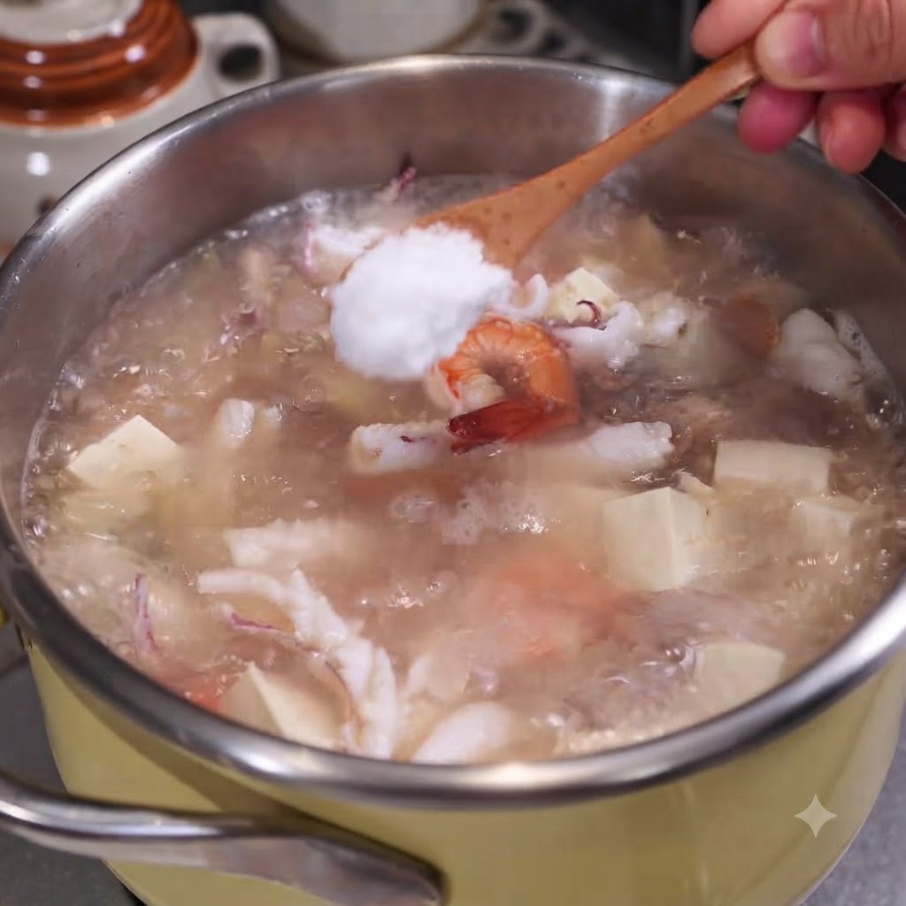 Un cucchiaio di sale che viene aggiunto a una pentola fumante di zuppa di frutti di mare e tofu.
