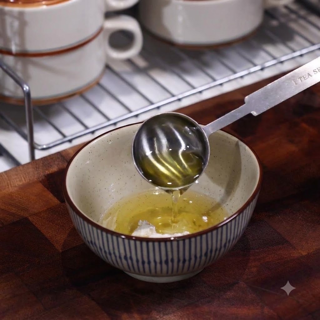 Olio versato da un cucchiaio in una ciotolina contenente farina e acqua per la pastella dei ravioli.