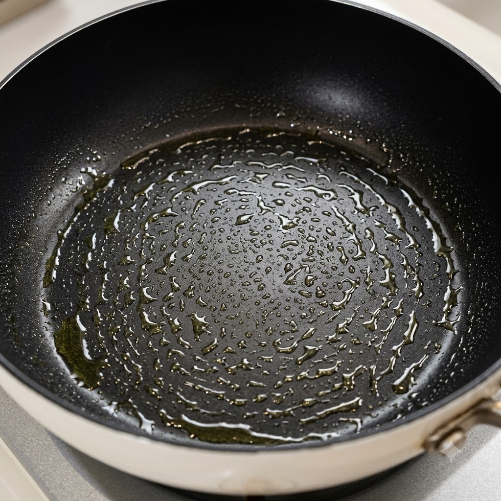 Una padella antiaderente nera spruzzata con gocce dolio, pronta per i ravioli.