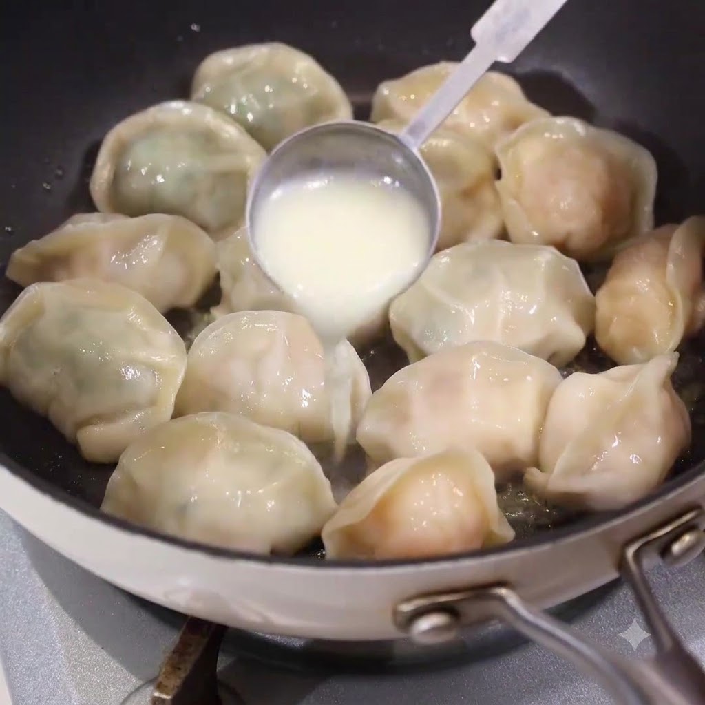 Un cucchiaio che versa una pastella liquida bianca negli spazi tra i ravioli che cuociono in padella.