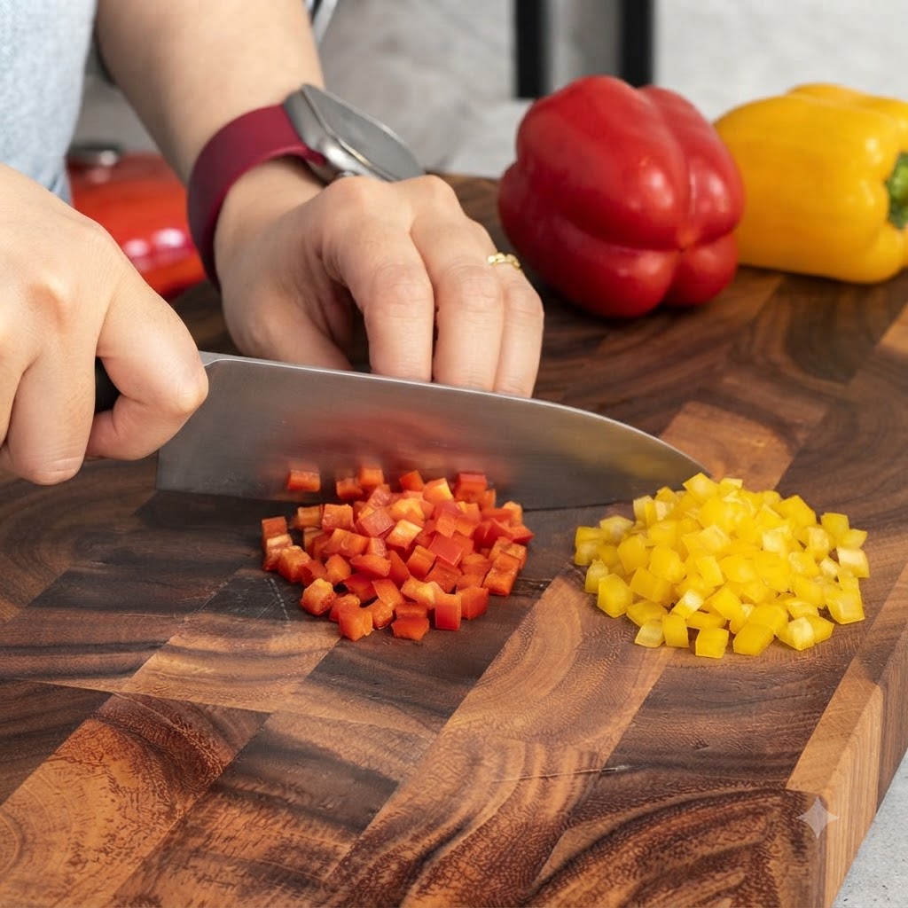 Peperoni rossi e gialli tagliati a dadini con un coltello da cucina su un asse di legno.