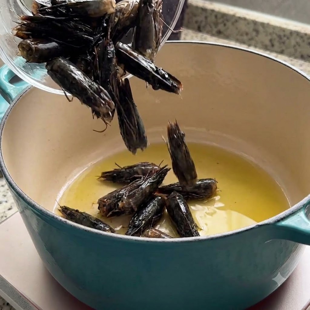 Teste di gamberi versate in una pentola con olio doliva caldo per estrarre il sapore.